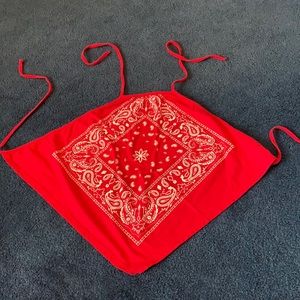 Red open back halter bandana tank top